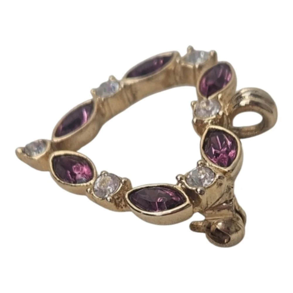 Vintage Heart Brooch Pendant Purple Rhinestone Gold Tone Convertible Pin